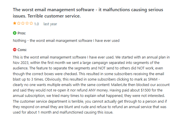 User review showing MailerLite deliverability issues with multiple identical emails causing spam complaints